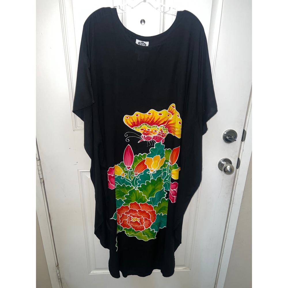 Hilo Hattie Black Hawaii Vacation Batik Butterfly Floral Kaftan Dress Sz Med